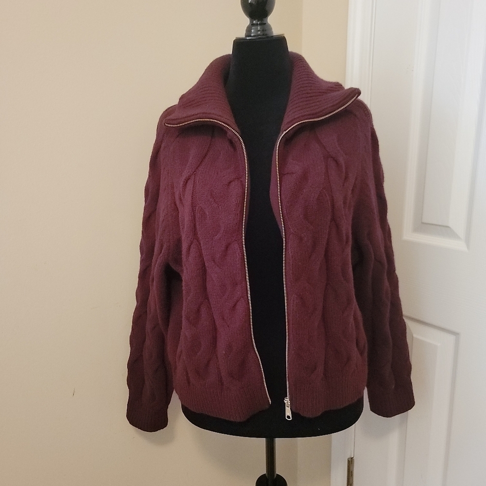 Talbots  Burgundy Large Cable Knit Zip Up Sweater Jacket Size  XLP - Picture 4 of 5
